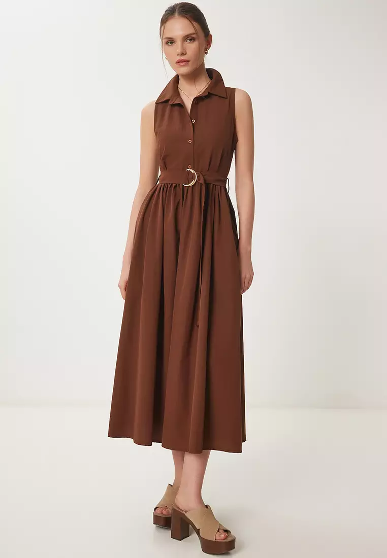 Women's Brown Belted Poplin Midi Shirt Dress Ub00354