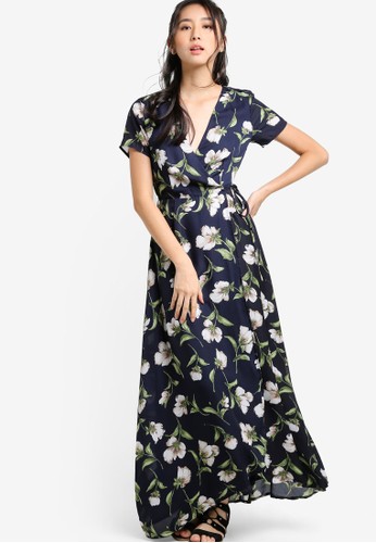 Print Short Sleeve Wrap Maxi Dress