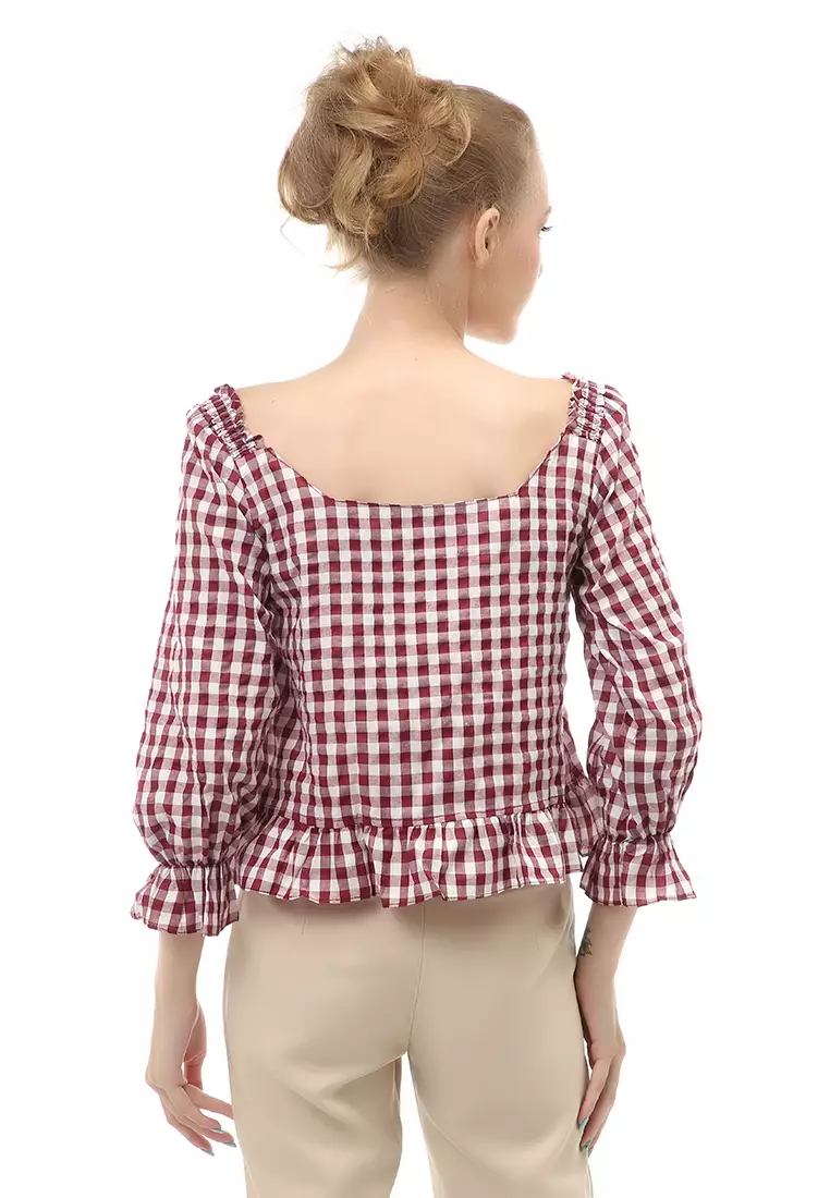 Cheva Top Blouse Atasan Wanita Kasual Motif Kotak Material Cotton ORIGINAL - Maroon