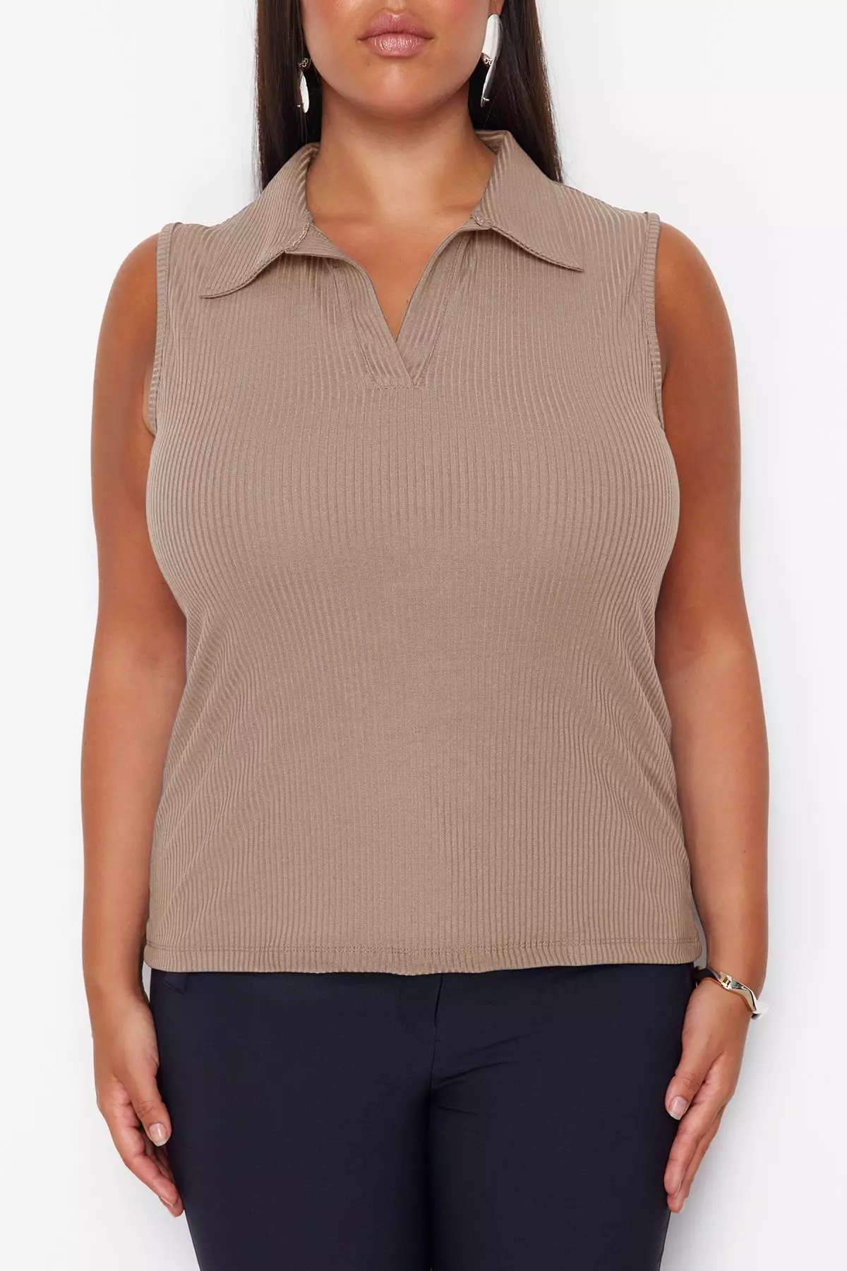 Beige Fitted/Fits the Body Polo Collar Flexible Knitted Plus Size Blouse TBBSS24AF00065