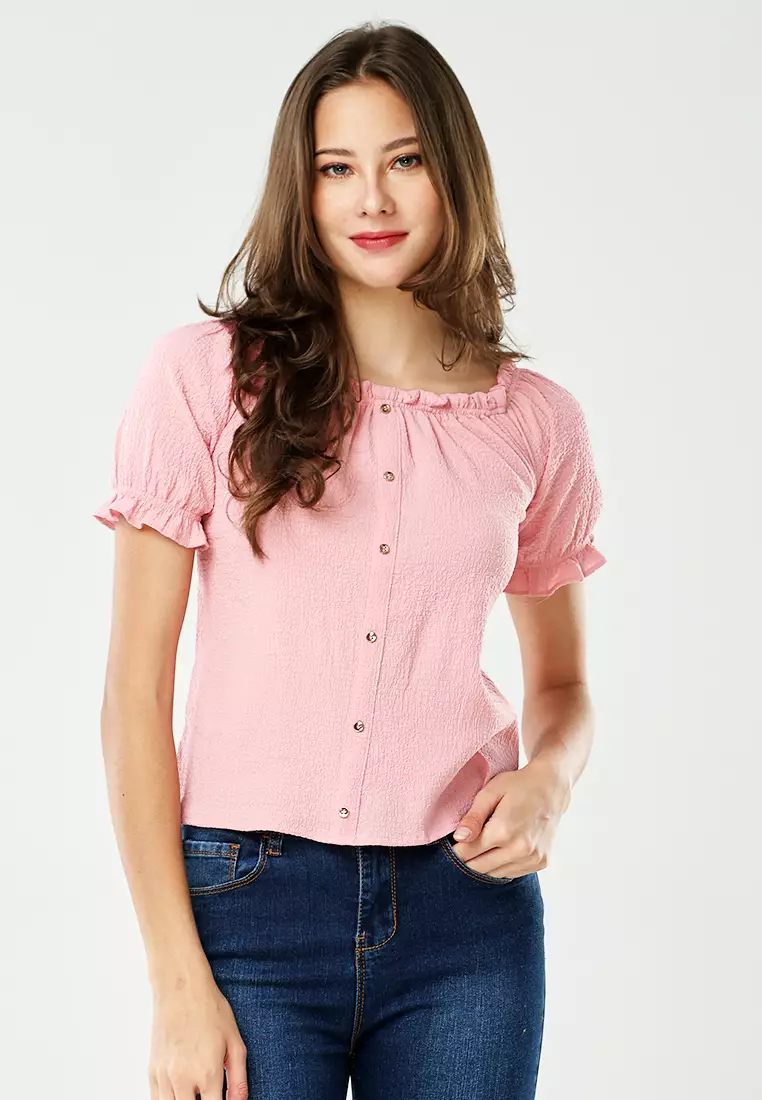 off shoulder pink shirt