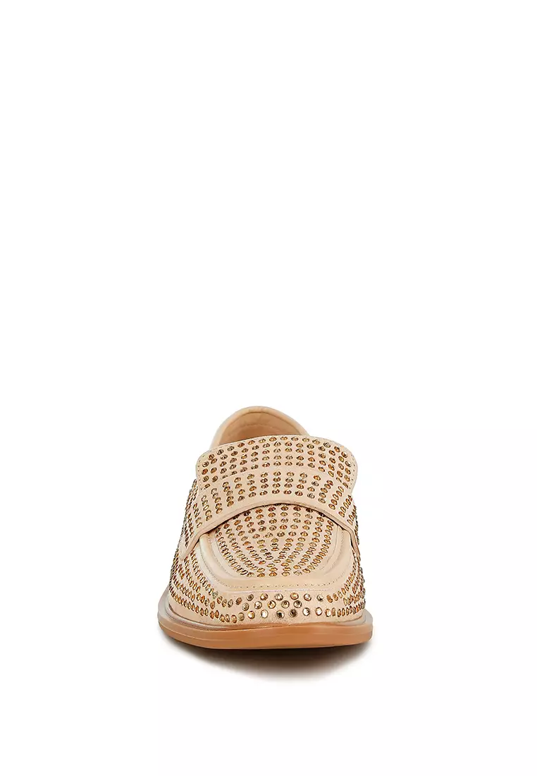 Beige Rhinestones Embellished Loafers