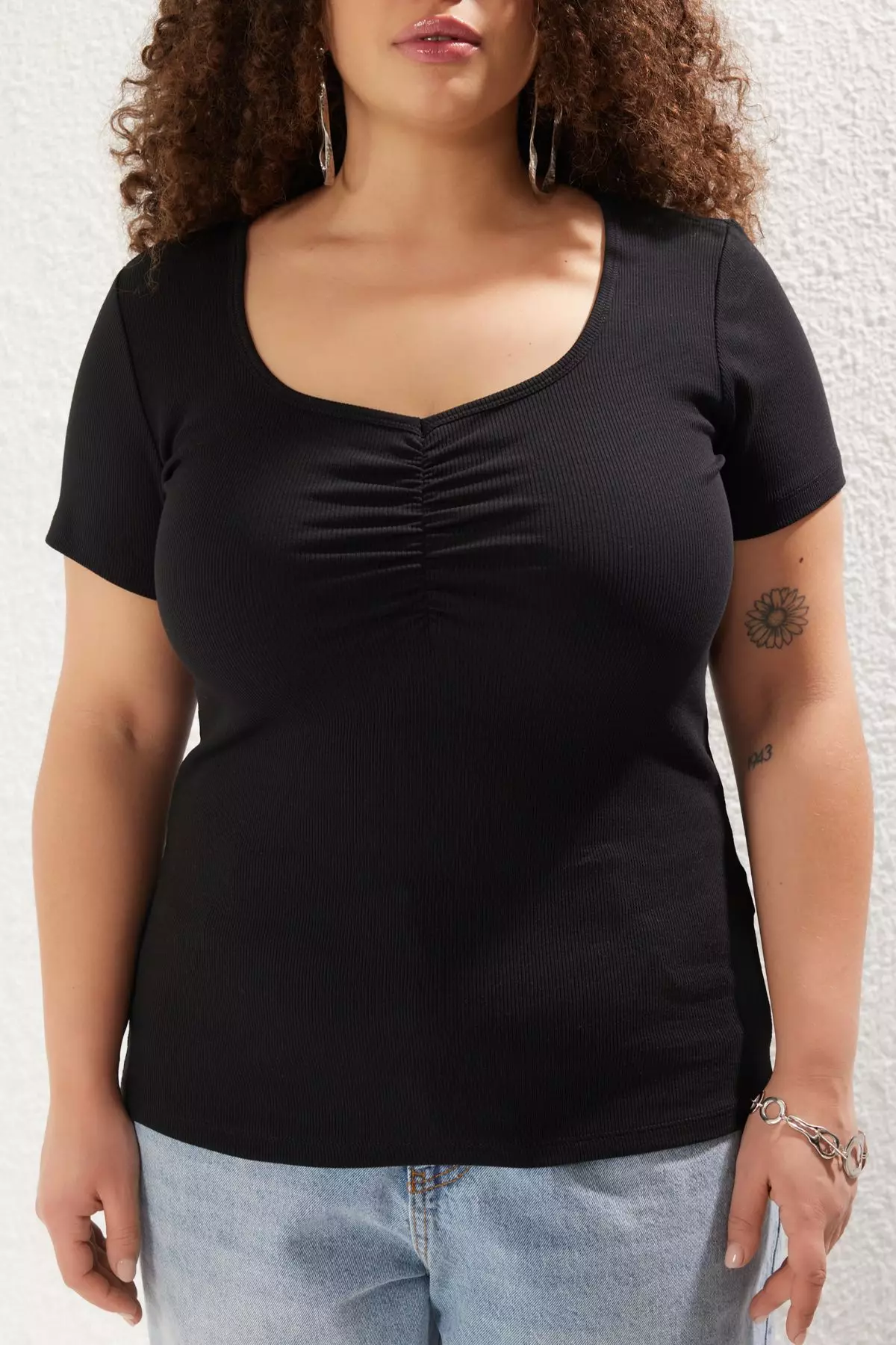 Plus Size Gathered Detail Ribbed Blouse