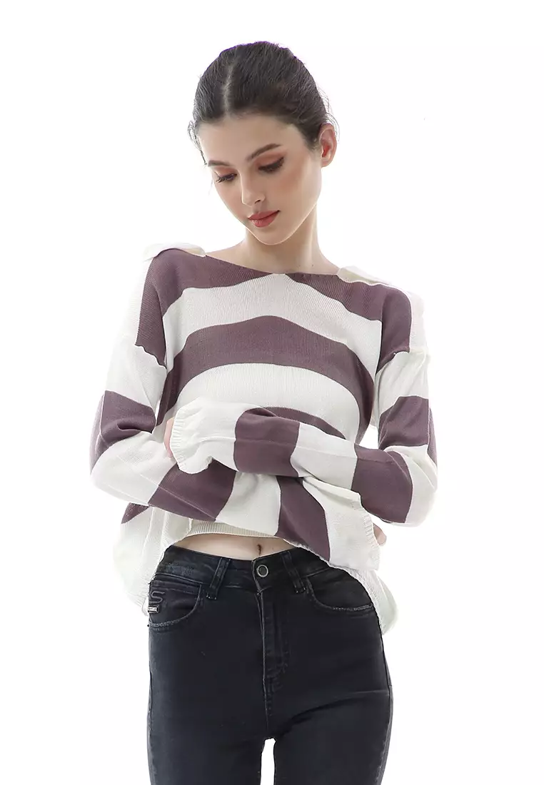 Vilia Rajut Crop Atasan Wanita Oversize Motif Stripe Garis Relaxed Fit - Burgundy