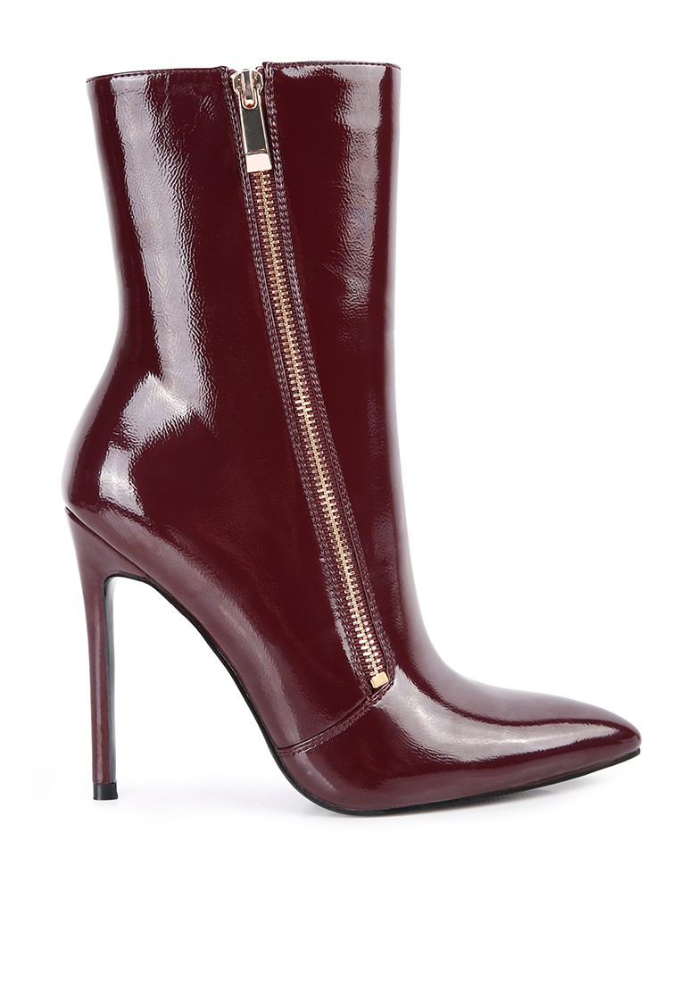 Burgundy Patent PU High Heeled Ankle Boot