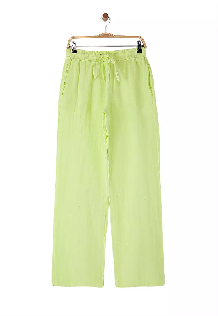 Light Green Elastic Waist High Waist Wide Leg Trousers