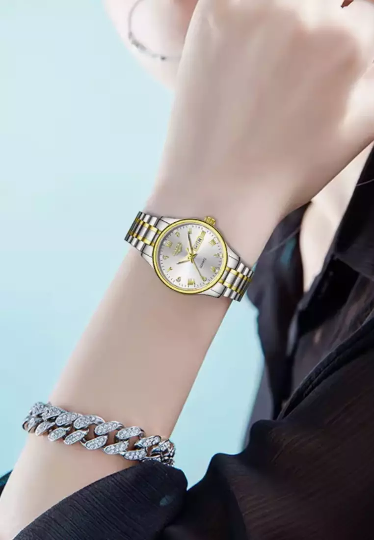 Ladies Day/Date Light Metal Alloy Quartz Watch, 29mm Diameter, Stainless Steel Bracelet