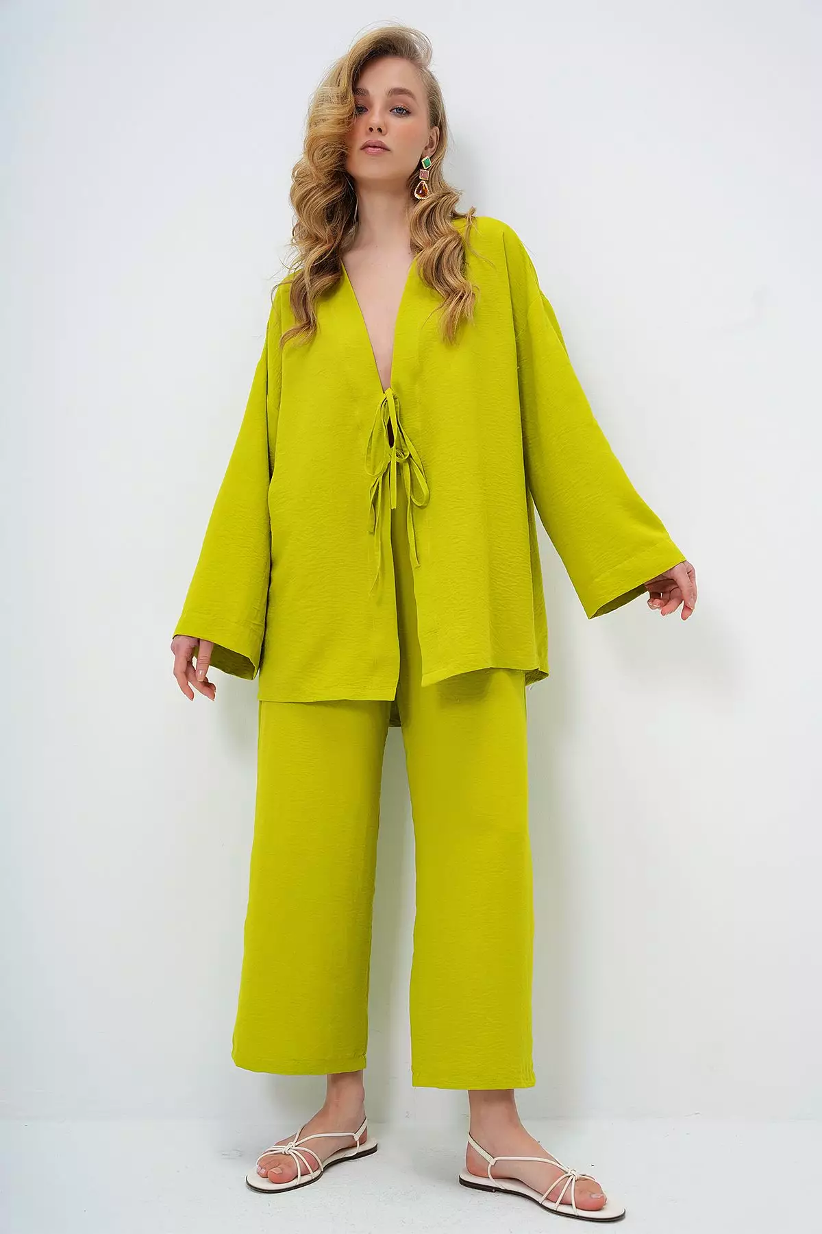 Women's Oil Green Lace-Up Kimono Jacket And Palazzo Pants Set Alc-X12452