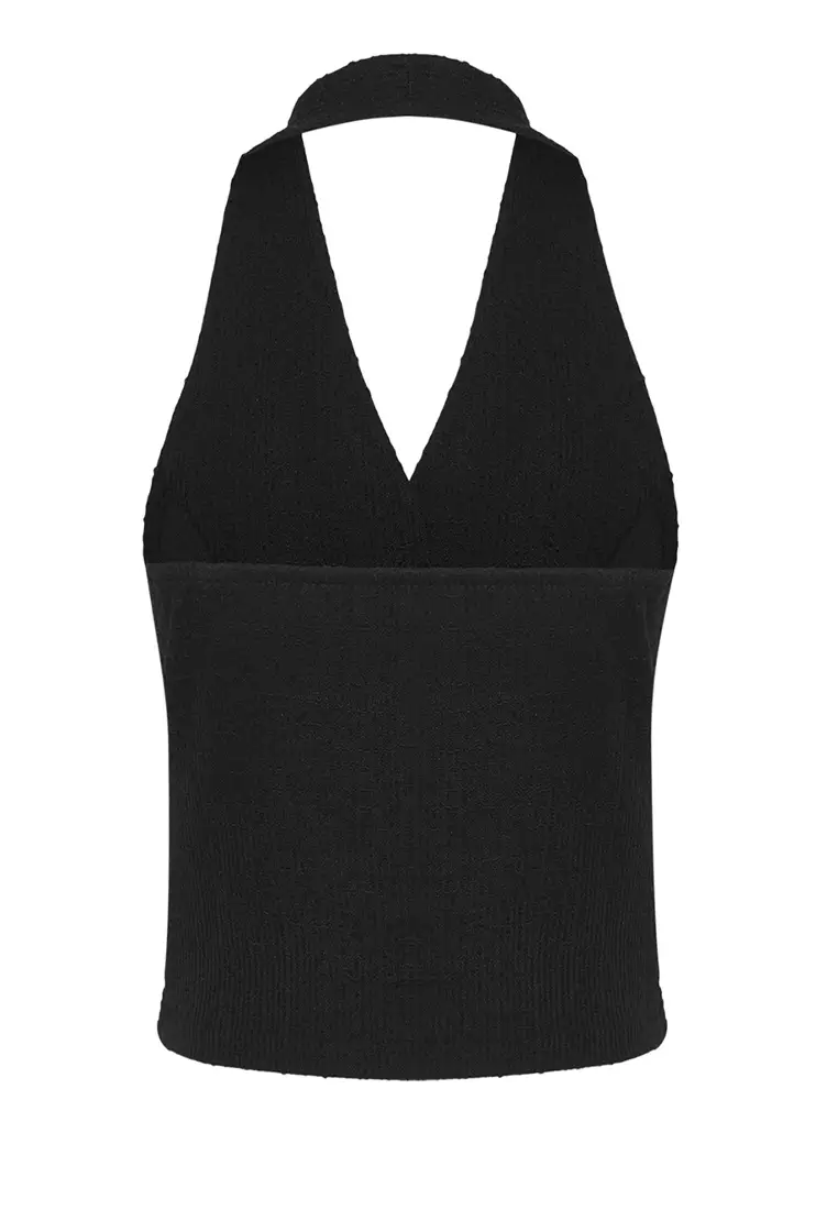 Black Slim Tweed Fabric Floral Button Accessory Crop Knit Vest TWOSS25YE00081