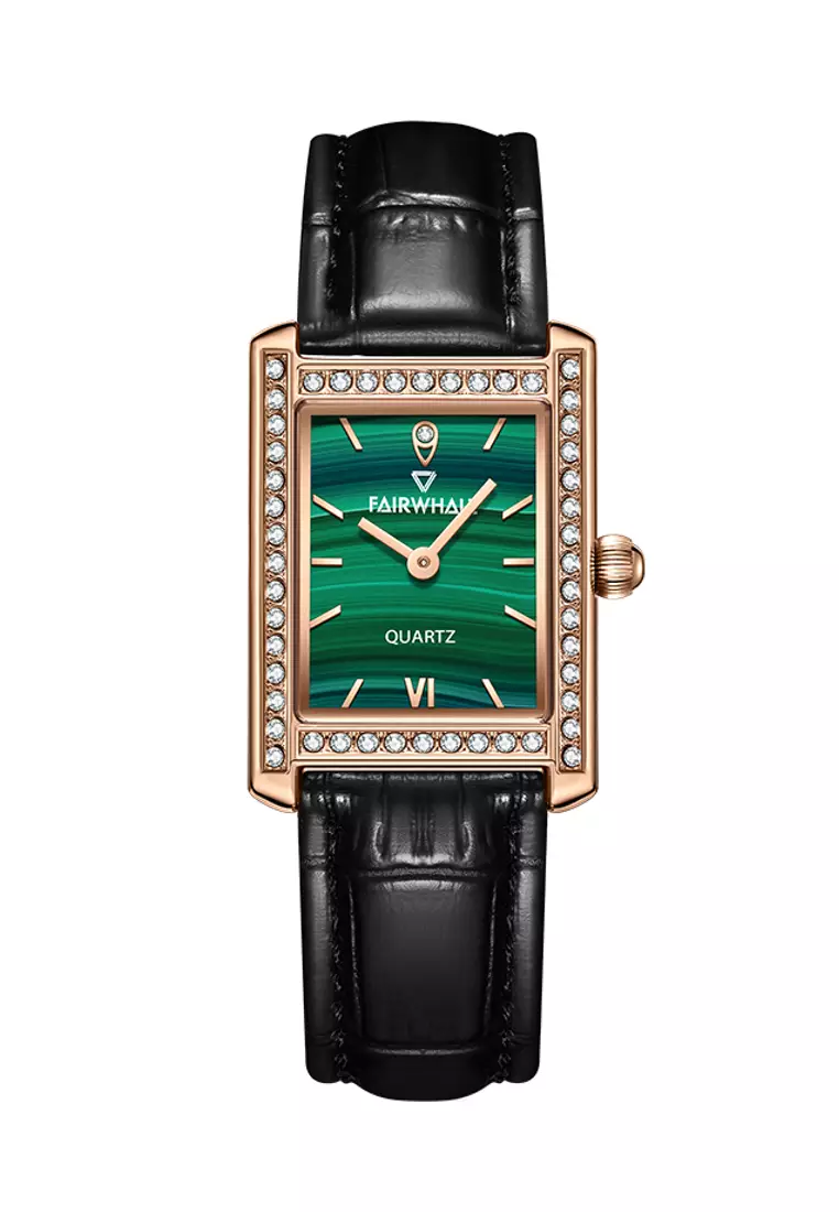 女士 IP 玫瑰金色不鏽鋼石英手錶，24 毫米，鋪滿水晶，孔雀石錶盤，黑色皮錶帶