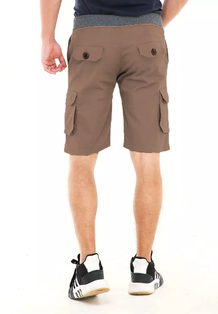Rishham Celana Pendek Cargo Pria Button Pockets Sporty Short Pants Material Cotton ORIGINAL - Mocca