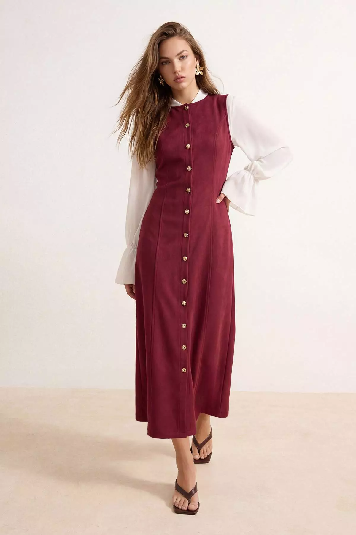 Buy Trendyol Burgundy Jile Gold Button Detailed Suede Woven Dress  Tctaw26Eb00051 Online | ZALORA Malaysia