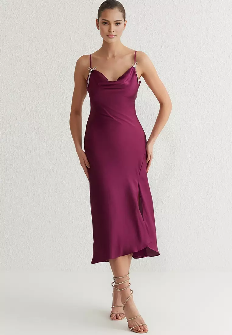 Stones Bow Detail Satin Dress