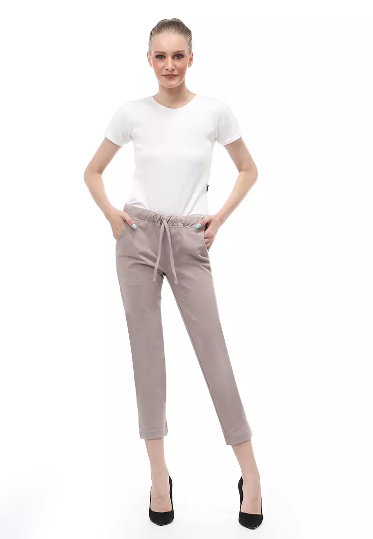 Long Pants Wanita Motif Solid Rubbery Waist Design Casual Regular Fit - Khaki