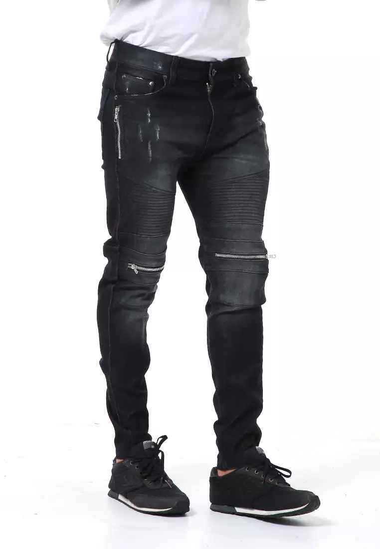 Nemanja Celana Casual Pria Biker Jeans Long Pants Zipper Design Material Denim ORIGINAL - Black