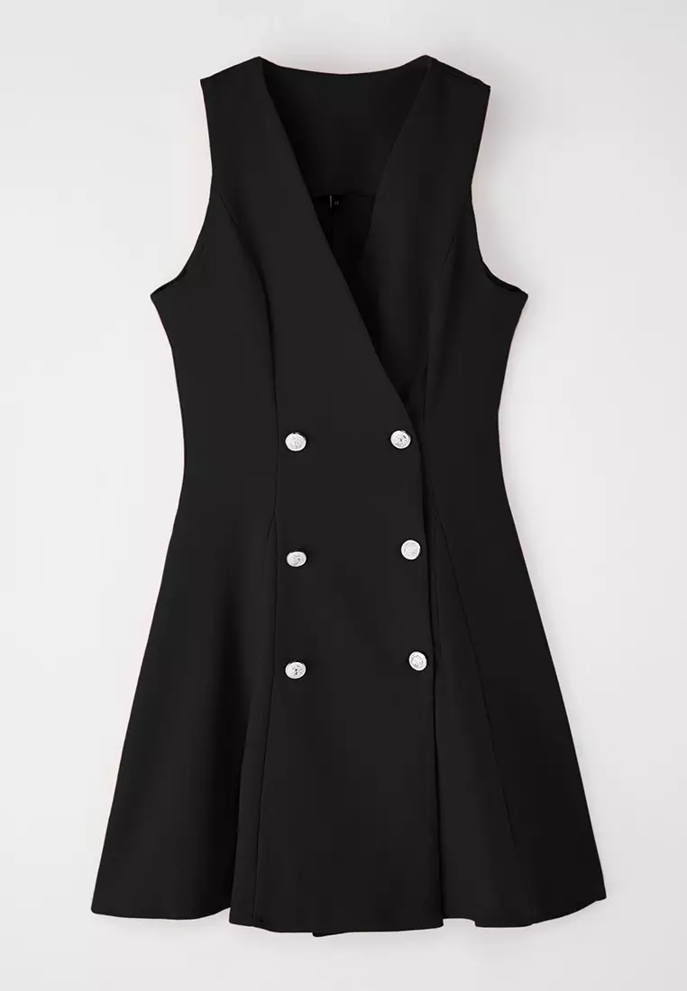 Black Buttoned Mini Woven Jacket Dress TWOSS25EL00117