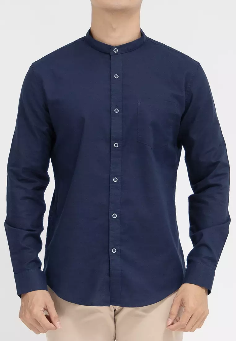 Kemeja Collarless Slub koko biru navy OXCON Navy blue