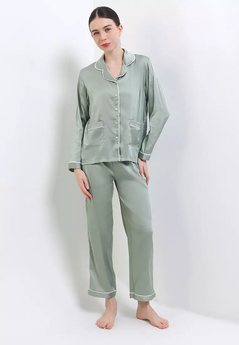 Piyama Pyjama Baju Tidur Satin Silk Long Sleeve Long Pants Sleepwear