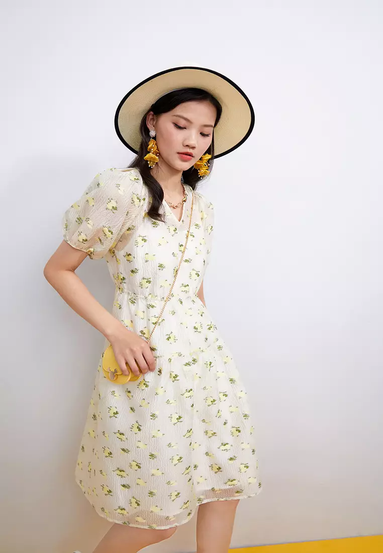 V-Neck Floral Chiffon Midi Dress