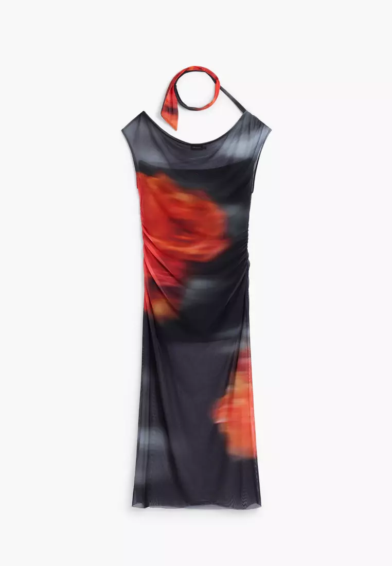 Asymmetric draped floral dress