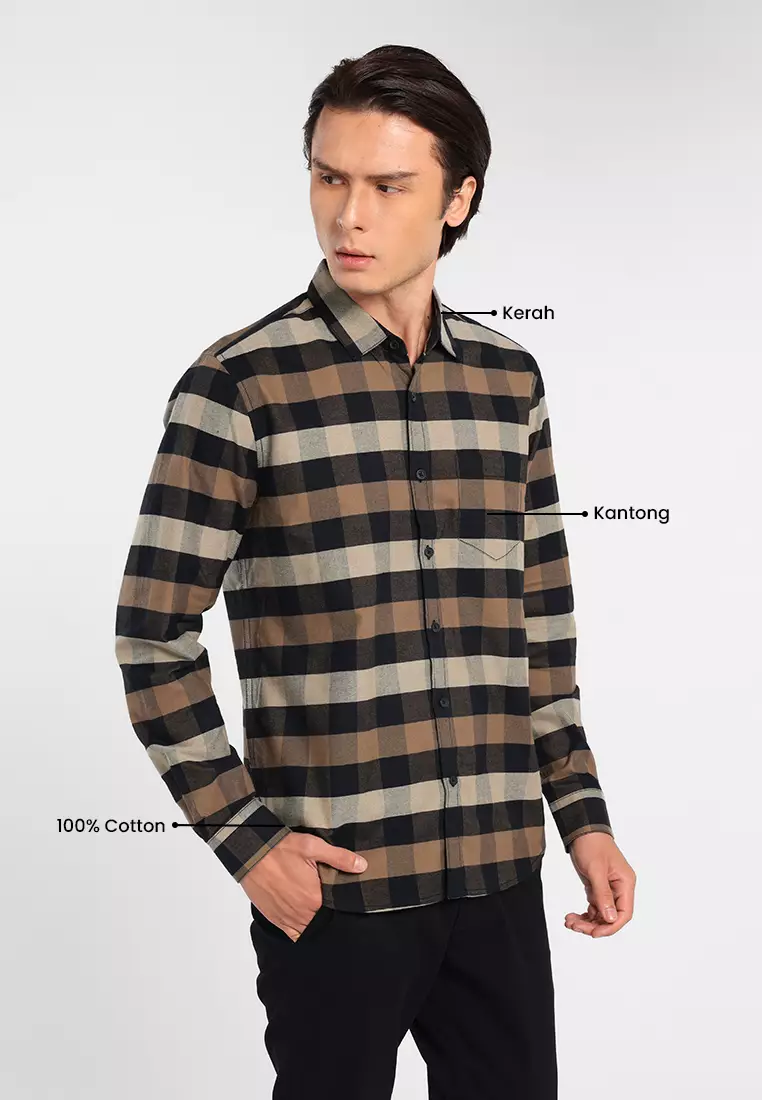 MANZONE - Kemeja Lengan Panjang Pria Snap 04 Modern Fit - Brown Warna Brown