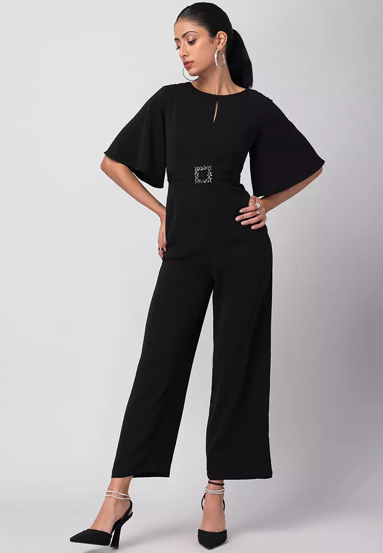 Black Flare Sleeve Jumpsuit with Self Fabric Buckle Belt