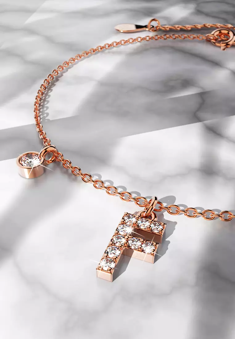 Solid 925 Sterling Silver Initial Crystal Personalised Alphabet Letter Bracelet Rose Gold Filled - F