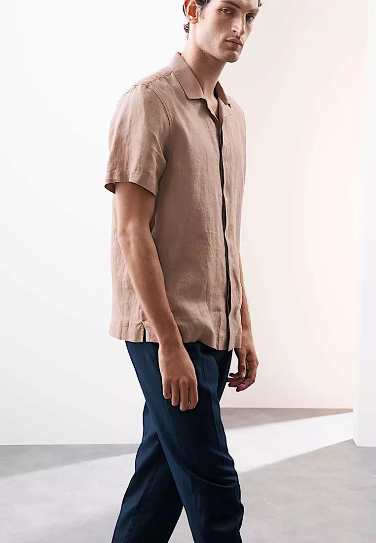 Pure Linen Herringbone Cuban Collar Shirt