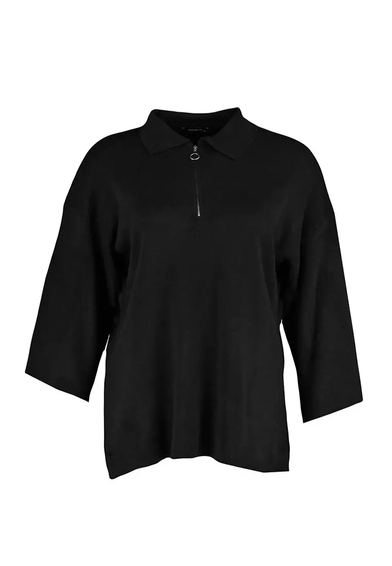 Black Polo Collar Zipper Detailed Knitwear Sweater Tbbaw23An00056