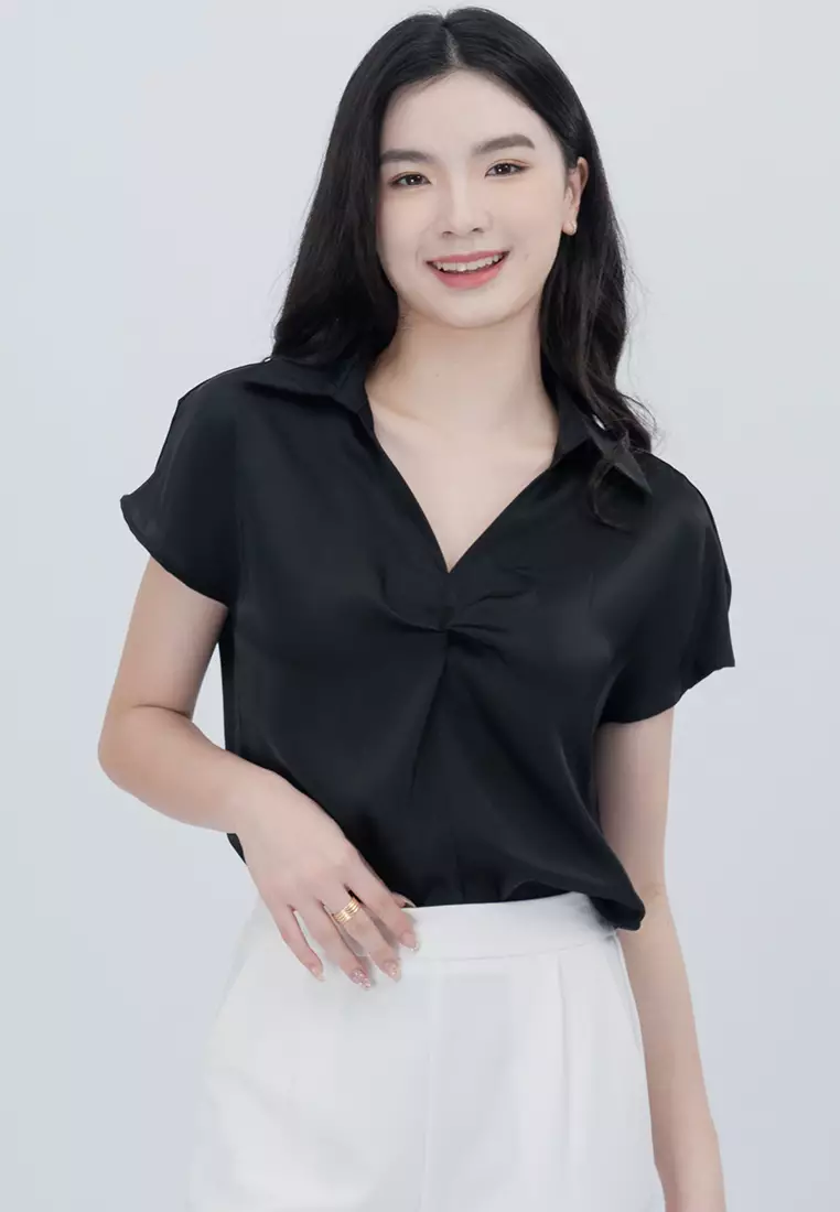 领口V领凉感面料衬衫上衣