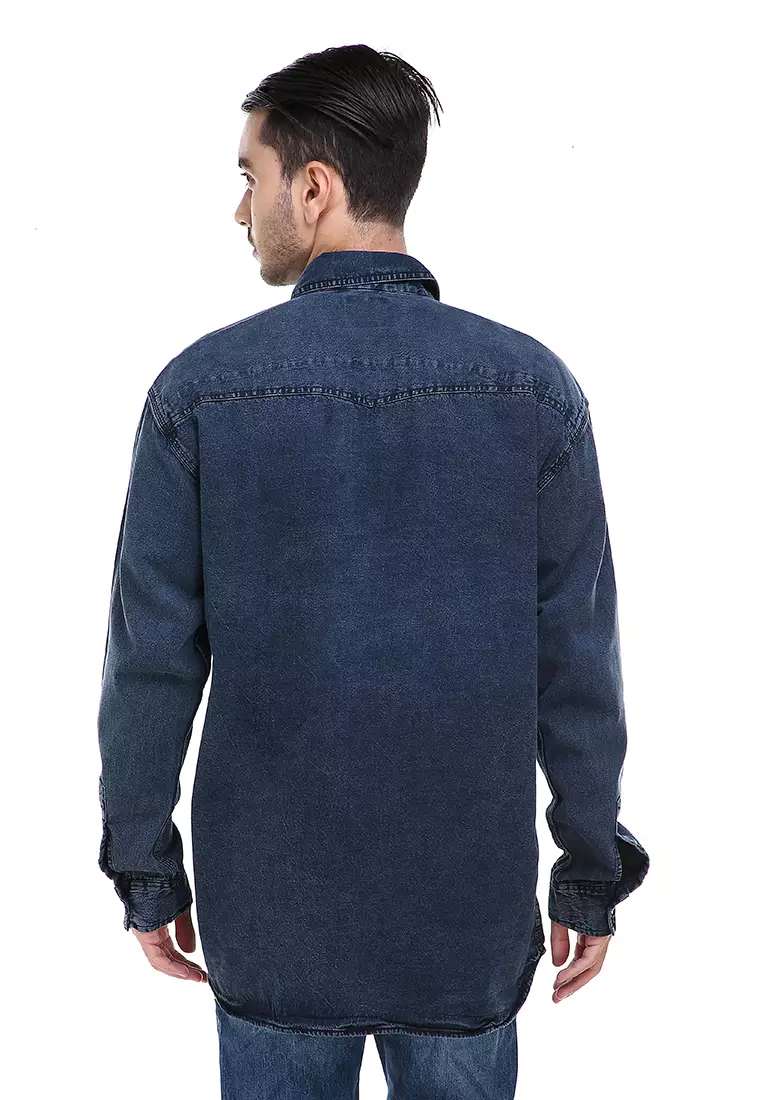 Dwan Casual Shirt Baju Kemeja Over Size Pria Lengan Panjang Two Pockets Material Jeans ORIGINAL - Blue