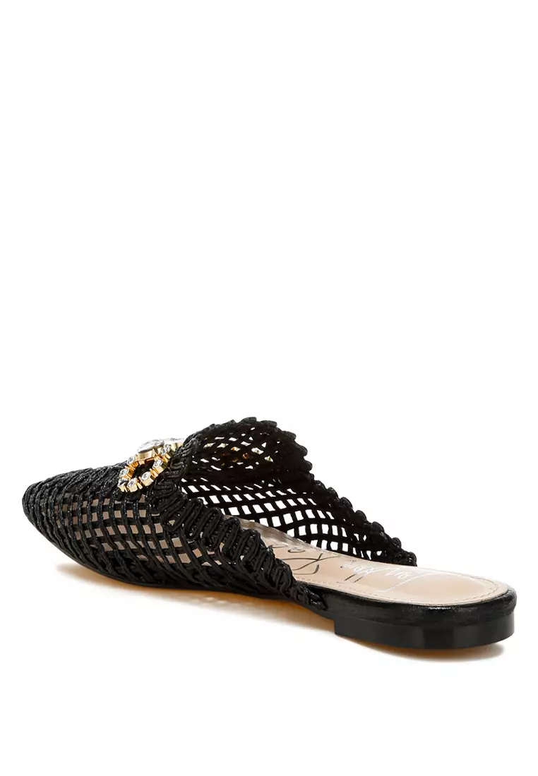 Metallic Woven Diamante Mules in Black
