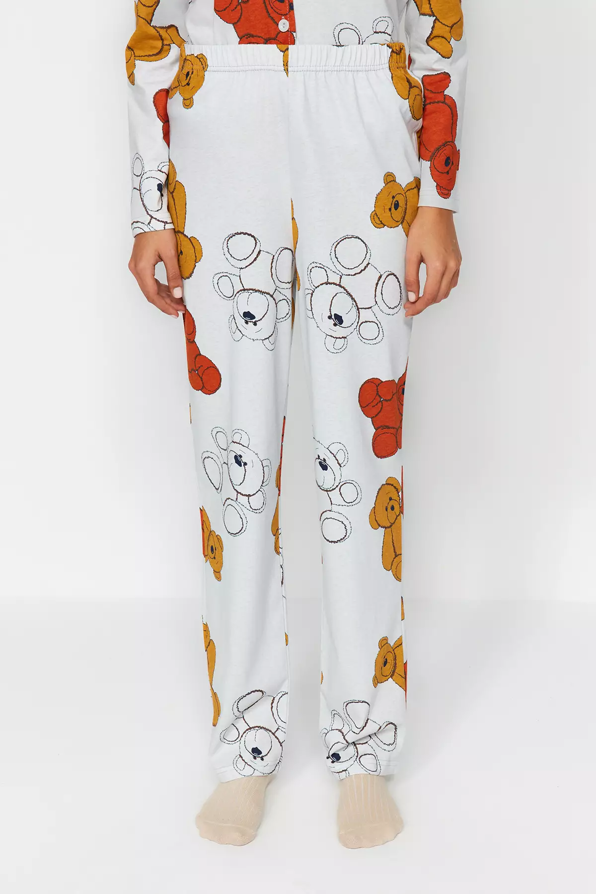 Gray Melange 100% Cotton Teddy Bear Shirt-Pants Knitted Pajama Set