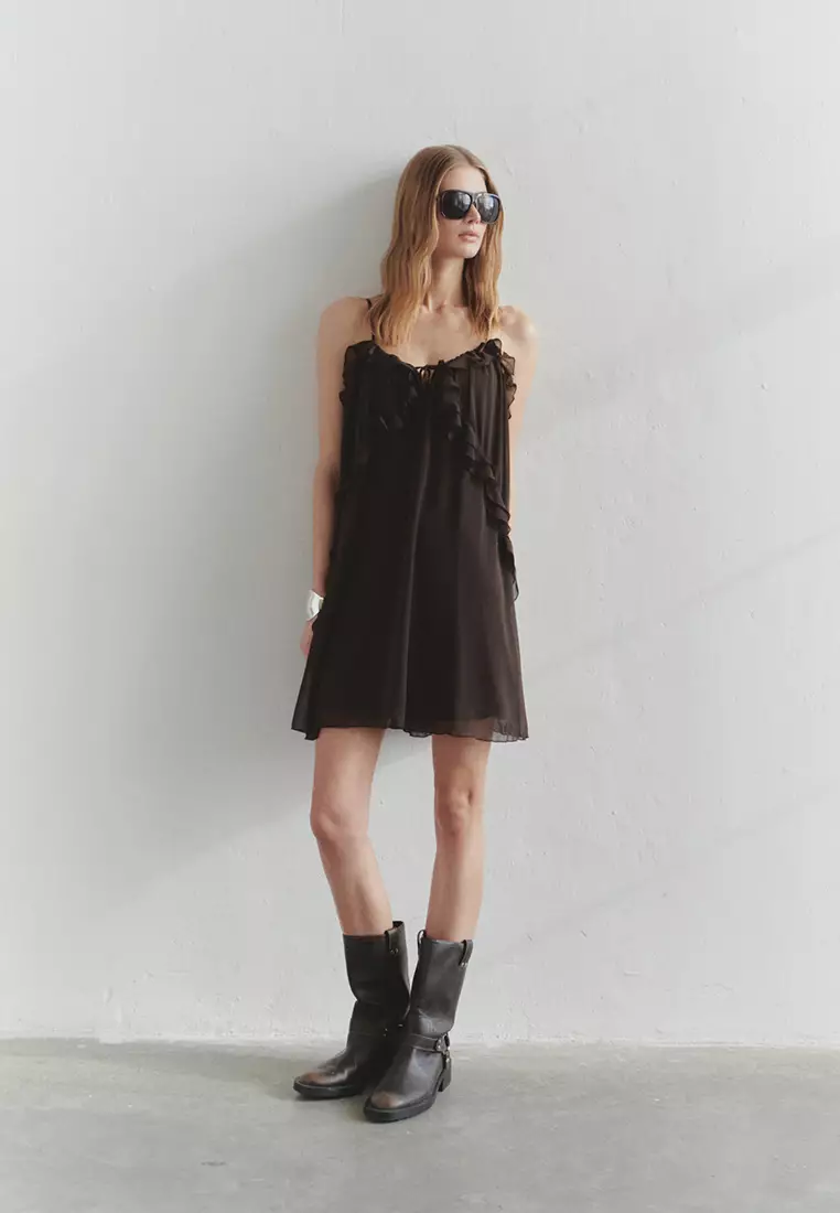 Limited Edition Brown Ruffle Mini Woven Dress TWOSS25EL00516