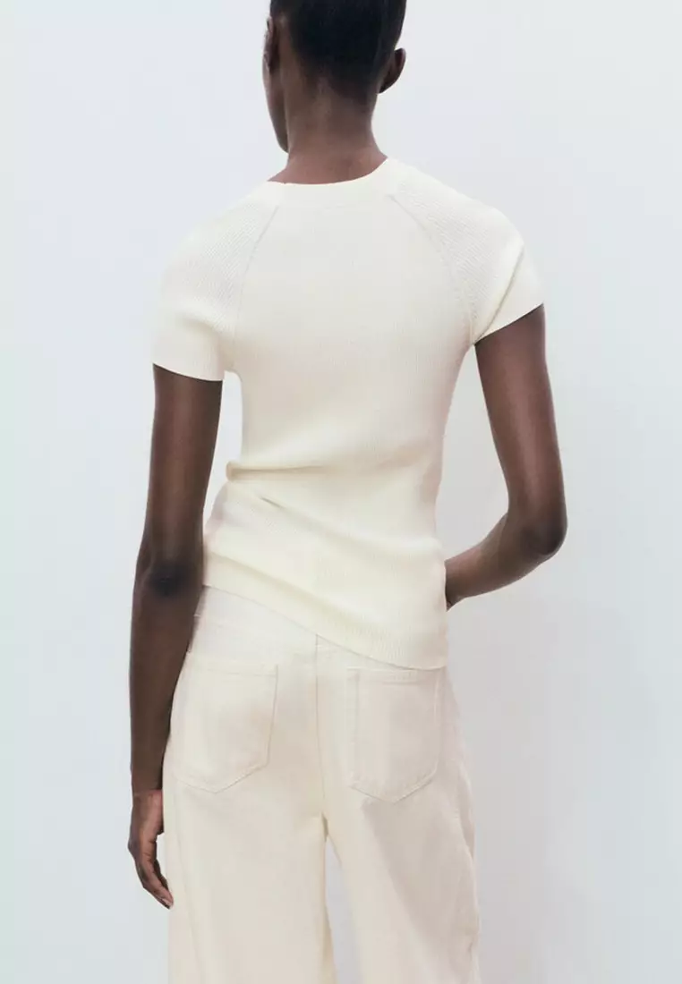 Ribbed-Knit Short-Sleeved Sweater