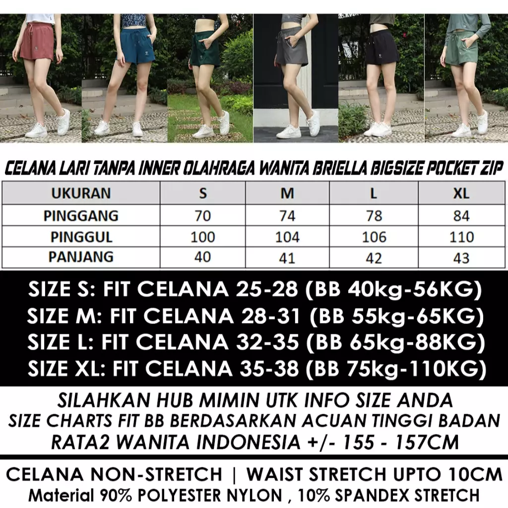 Fitwear Celana Pendek Lari Tanpa Inner Olahraga Wanita BRIELLA BIGSIZE POCKET ZIP - BLACK