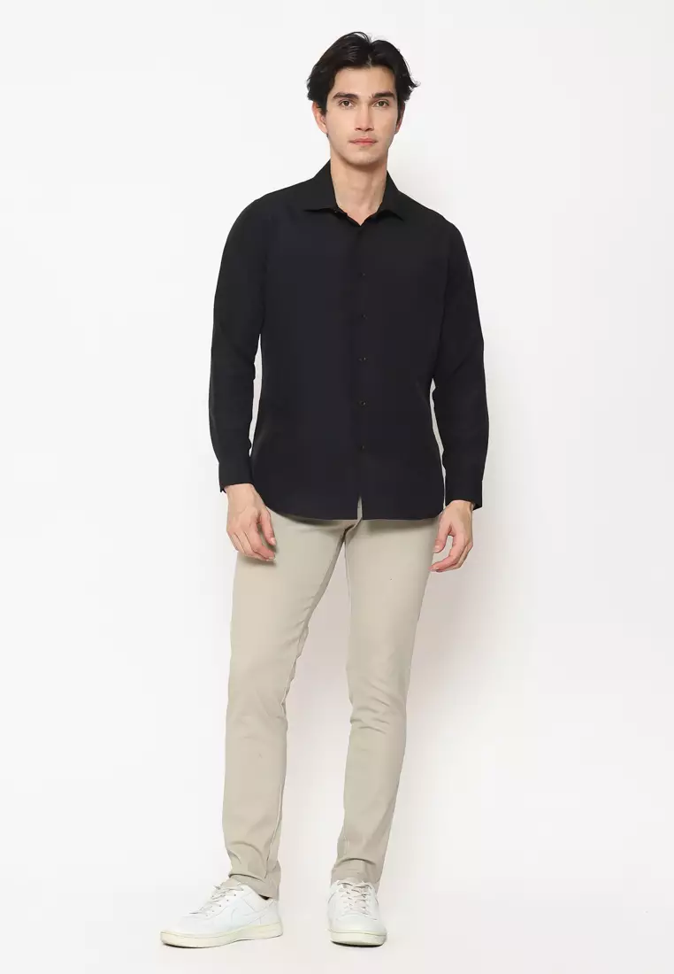 MAGINOT Kemeja Pria Basic Polos Panjang BLACK