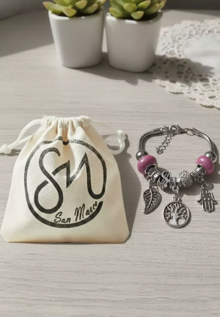 Accessories Wanita Tree Of Life Hamza Protective Hand Pomora Charm Bracelet Gelang Wanita Silver & Pink