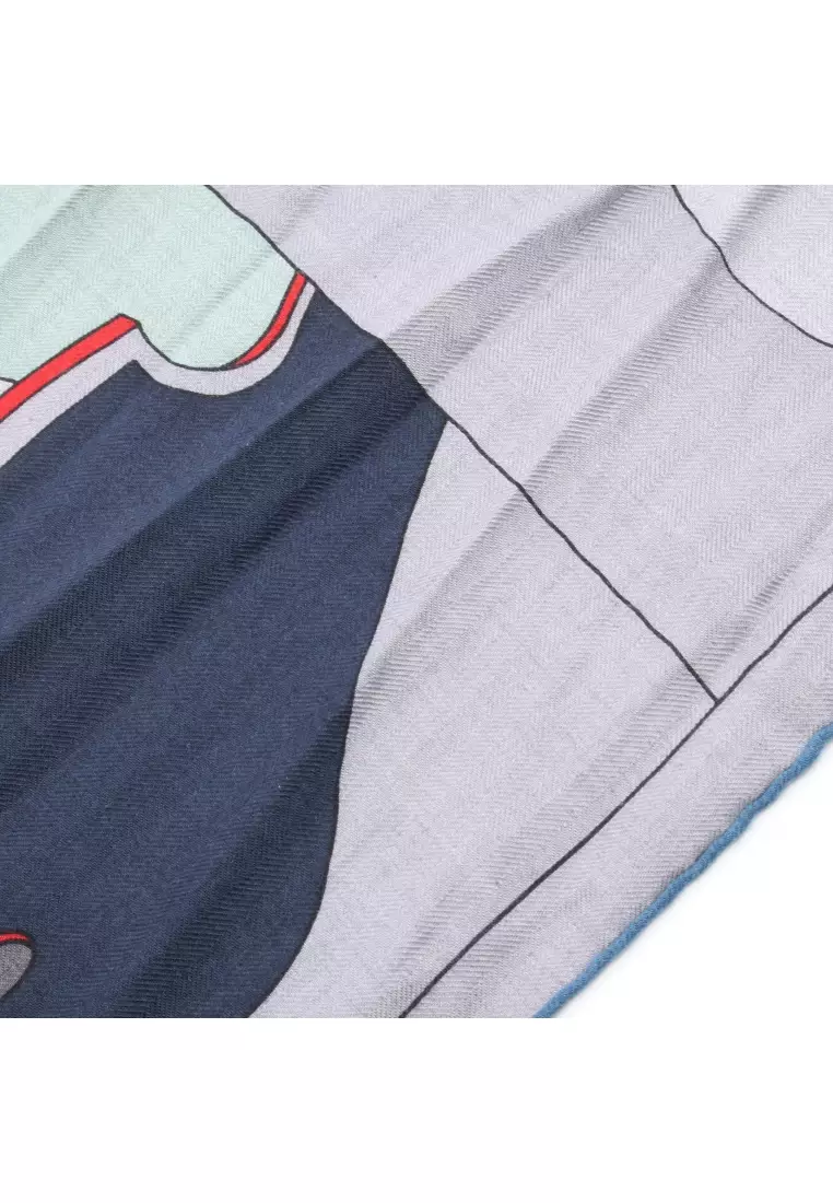 Pre-Loved Hermès rectangle Selle en Desordre Stall shawl cashmere silk gray blue multicolor