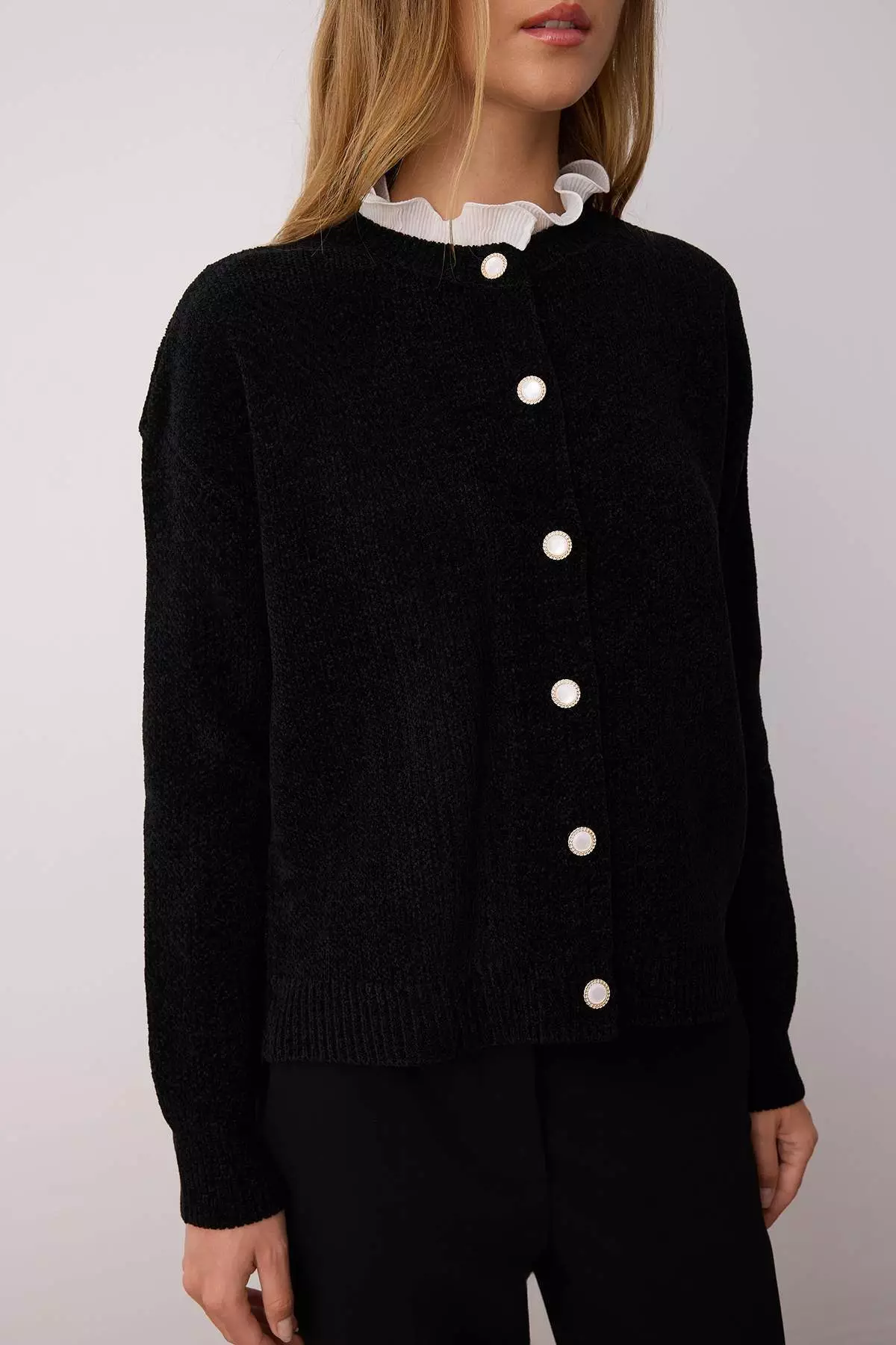 Black Block Special Yarn Tulle Garnish Knitwear Cardigan