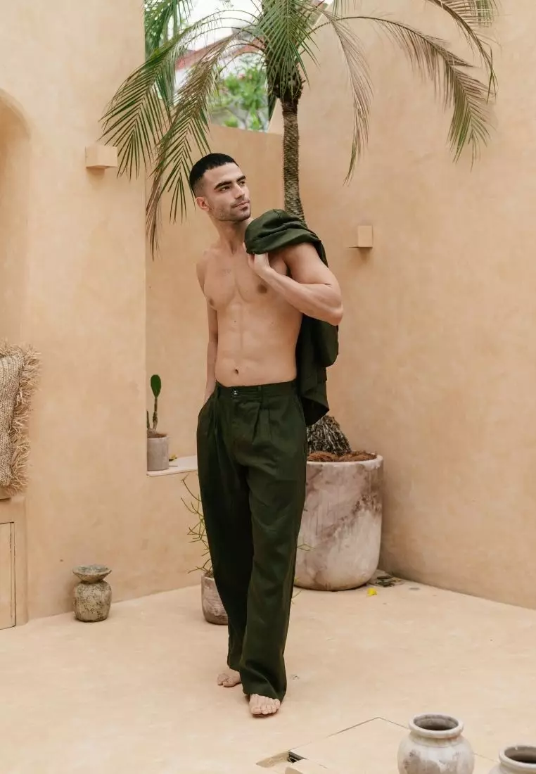 Miles Celana Panjang Baggy Berkancing Linen Pria Warna Hijau Army | Linen Baggy Pants Men Army Green