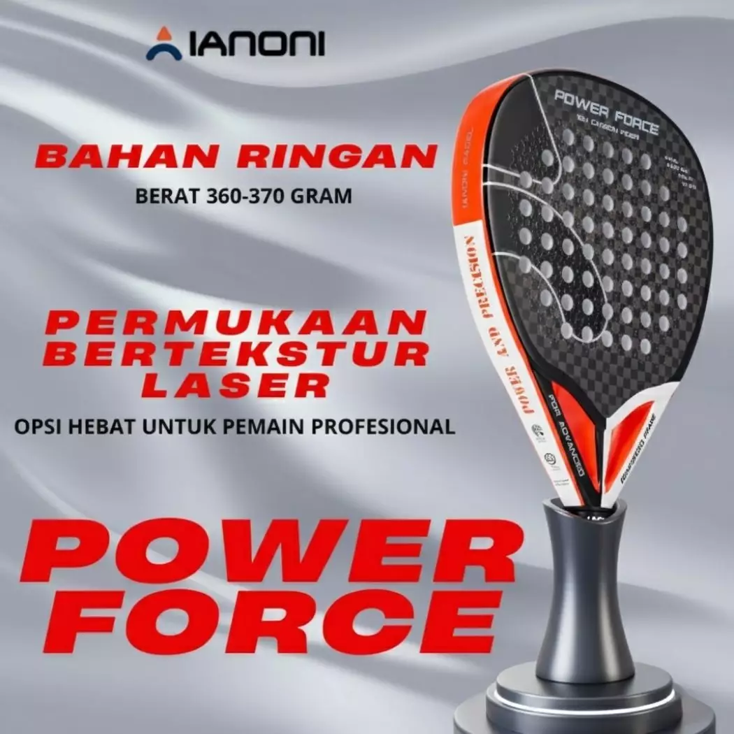 Raket Padel Ianoni Power Force Red Original Carbon 12K EVA Core Ringan Permukaan Bertekstur GRATIS tas