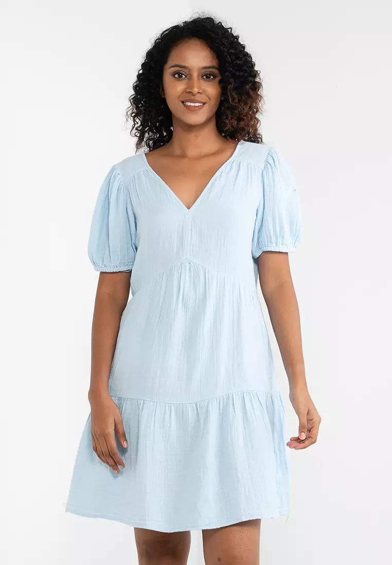 Buy GAP Crinkle Gauze Puff Sleeve Tiered Mini Dress 2024 Online ...