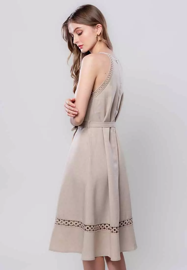 Rosaline Halter Sleeveless Dress with Trimming Detail and Sash Belt