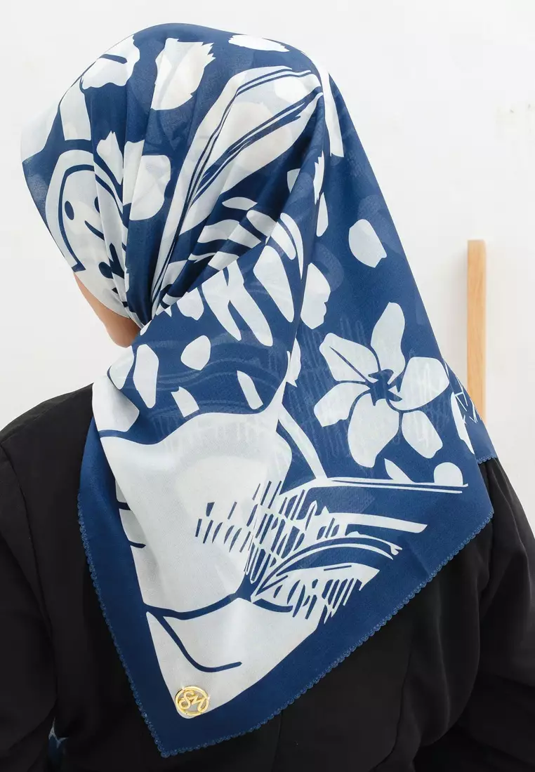 Malaya Signature Square Voile Scarf Hijab Segi Empat Blue on White