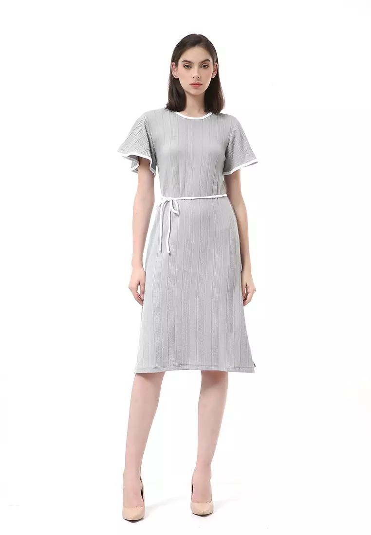 Rachel Dress Wanita Lengan Pendek Model Tali Pinggang Plain Motive Material Curly Kinit ORIGINAL - Gray Mint
