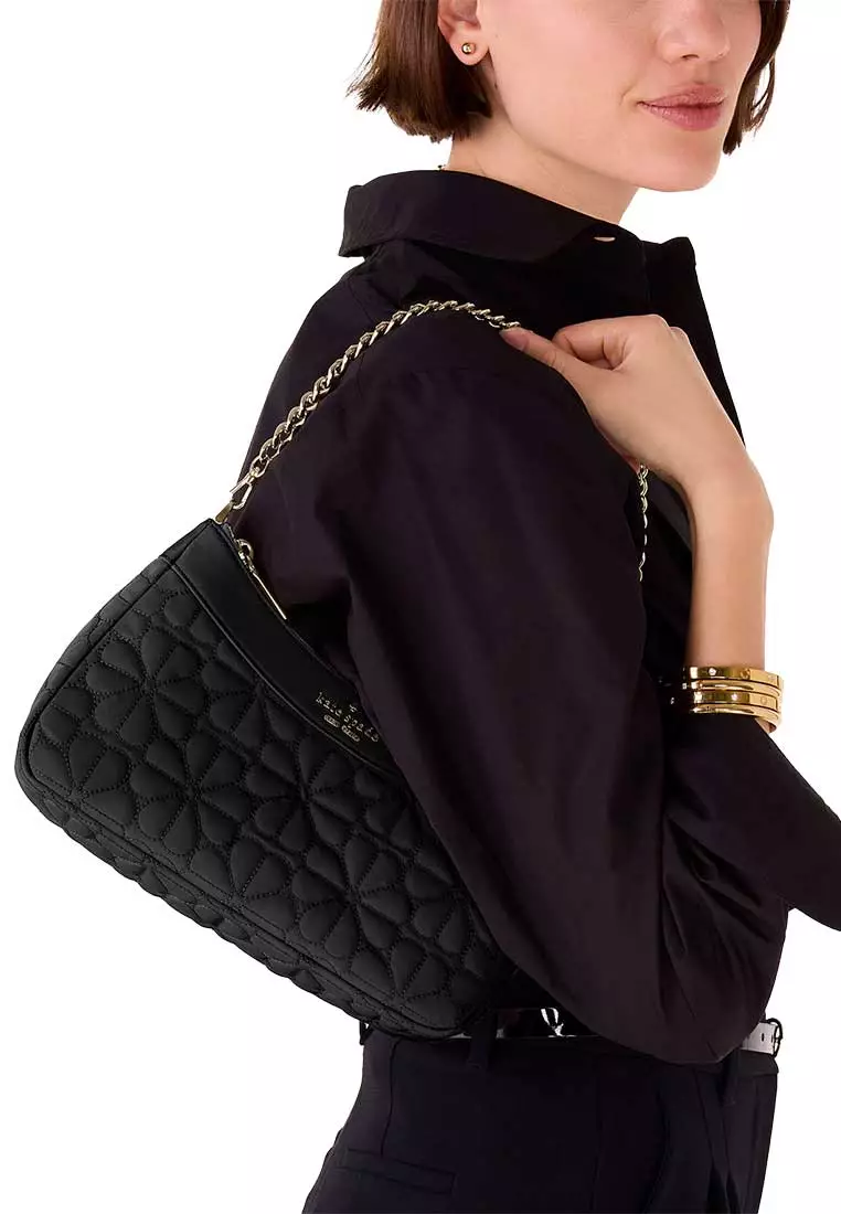 Spade Flower Quilted Fabric Convertible Crossbody Bag Black KK077