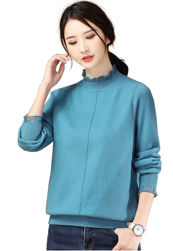 A-IN GIRLS blue Fashion Gauze Stitching Sweater FC11EAA32E6EFFGS_1