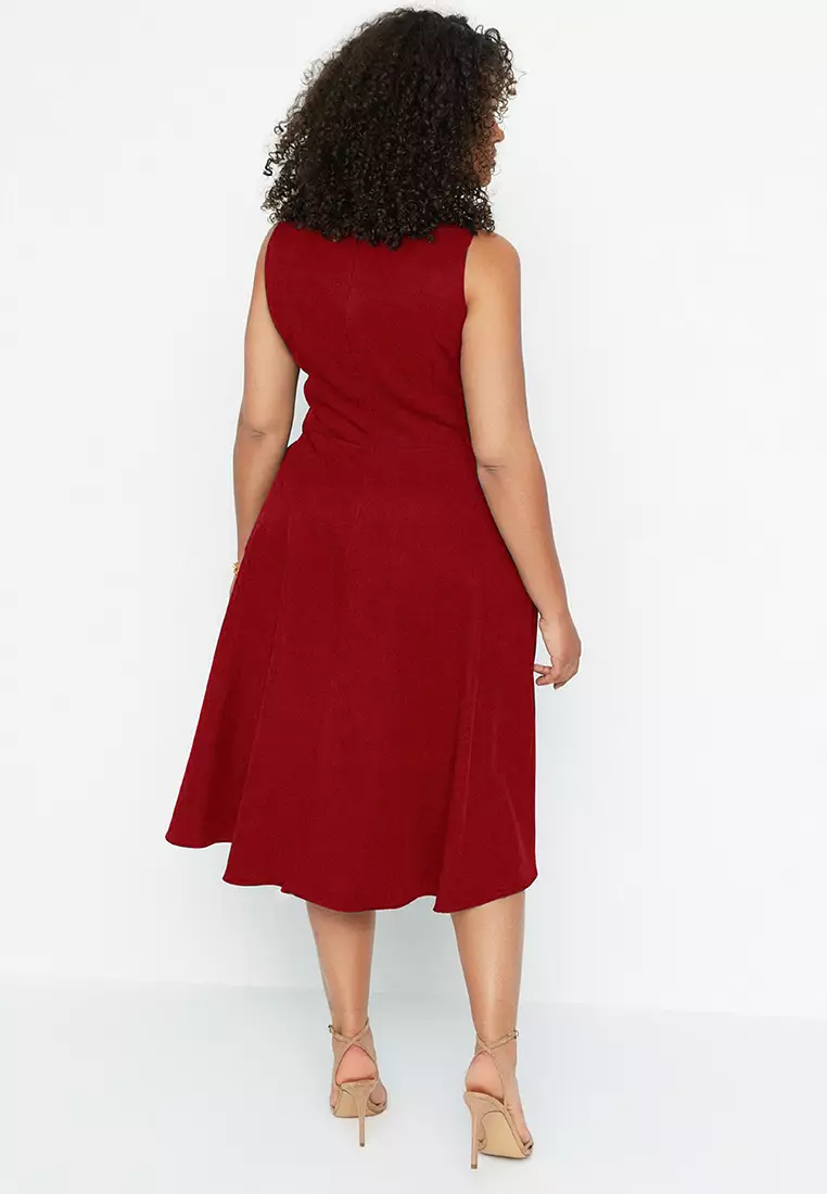 Claret Red A-Line Woven Pocket Detail Dress TBBSS22EL1598