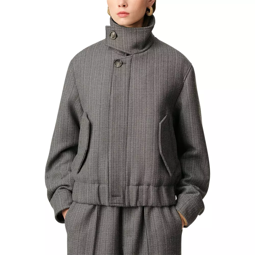 Herringbone Harrington Jacket In Double Wool Grey